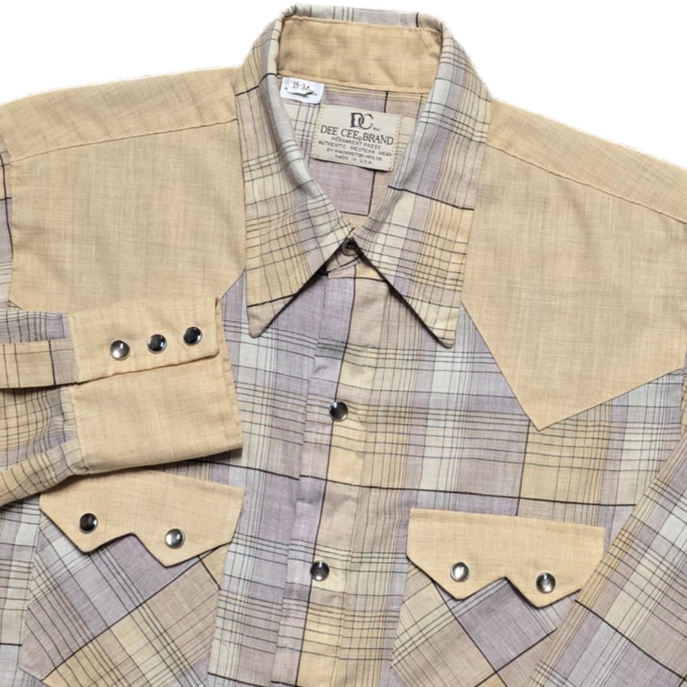 Vintage Dee Cee Brand Peach Plaid Western Shirt Pearl Snap USA 15 Small Sawtooth